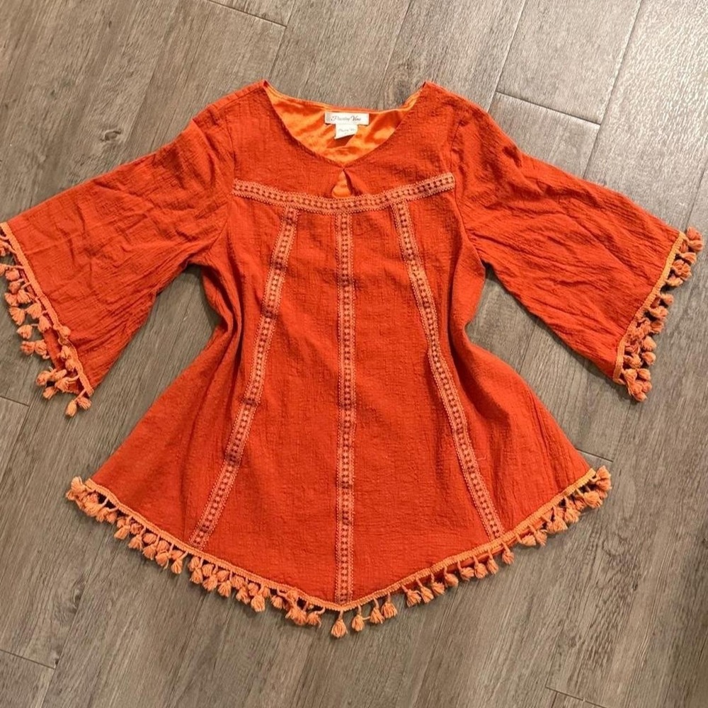 Vintage 2000s Y2K boho rust orange top with tassels and embroidery